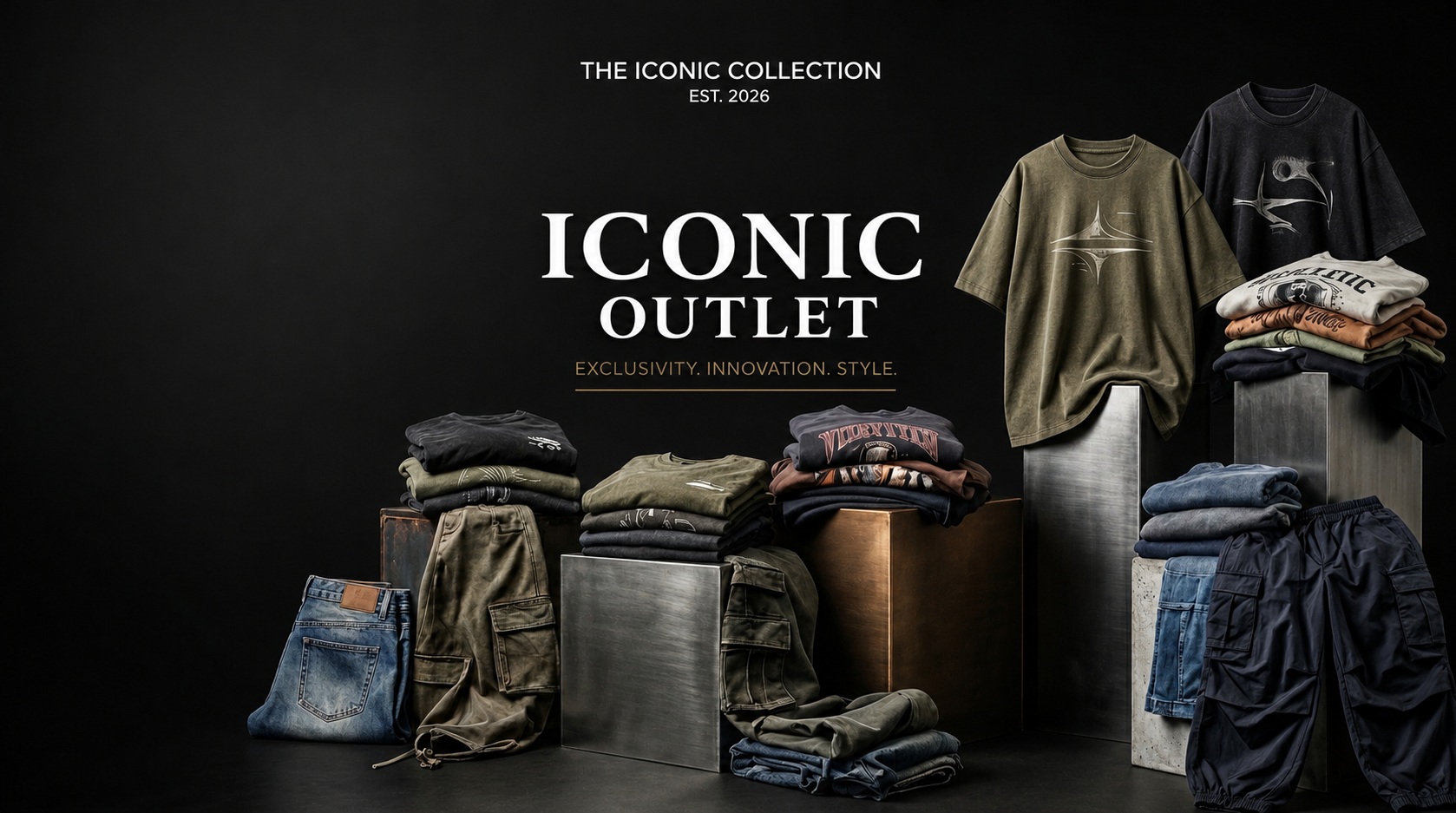 Clothing display with 'Iconic Outlet' branding on a dark background